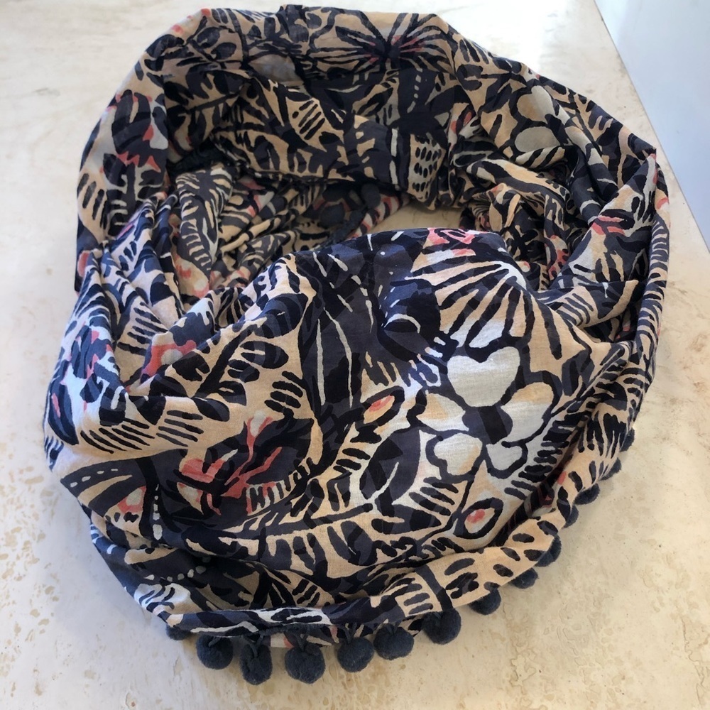 LOFT Navy Multi-Color Pom Pom Infinity Scarf